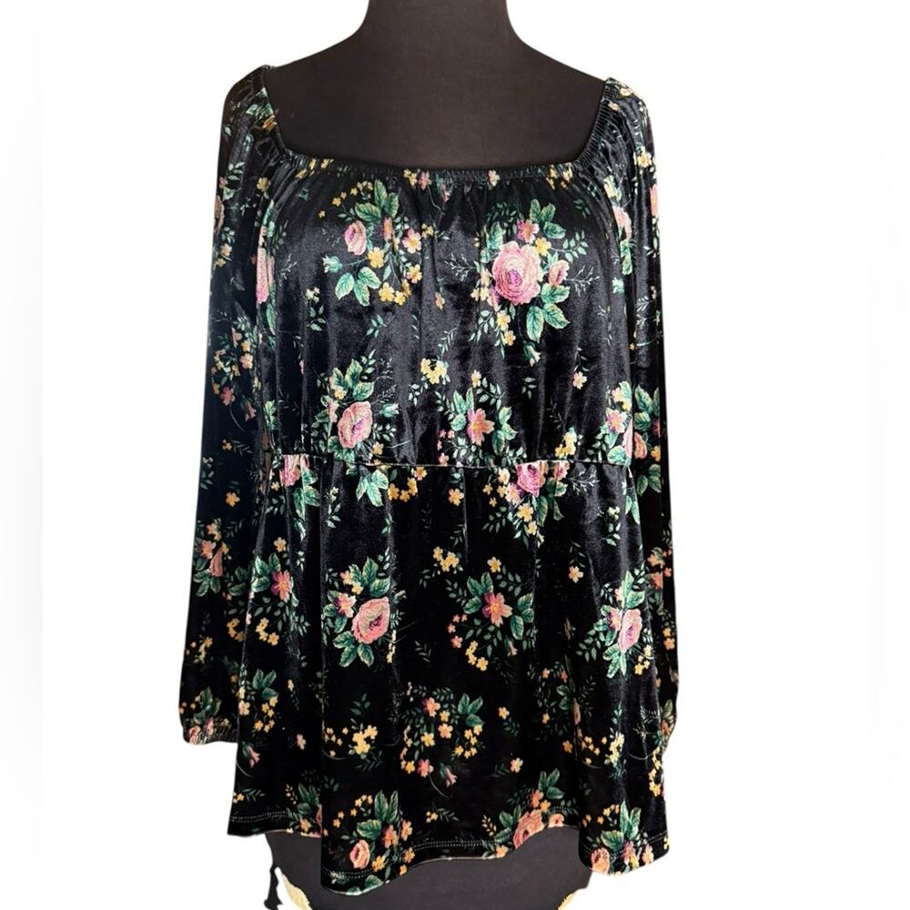 Y2K Velvet Empire Waist Floral Whimsigoth Milkmaid Top Women Sz L Dark Romantic